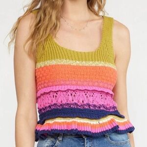 Entro Multicolor Colorblock Crochet Knit Tank Peplum Top Bohemian Cottagecore M
